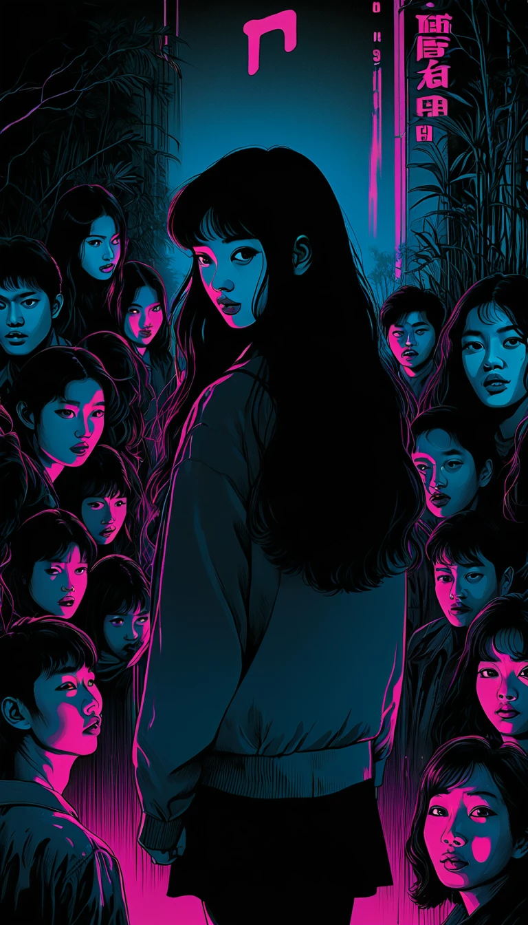 An illustration、art、80s Thai horror movie poster, Supervised by Junji Ito、(high school student:1.25)、night、Attention to detail, Realistic Shadows、Analog Style, chromatic aberration, Surrealism、Complementary Gradient