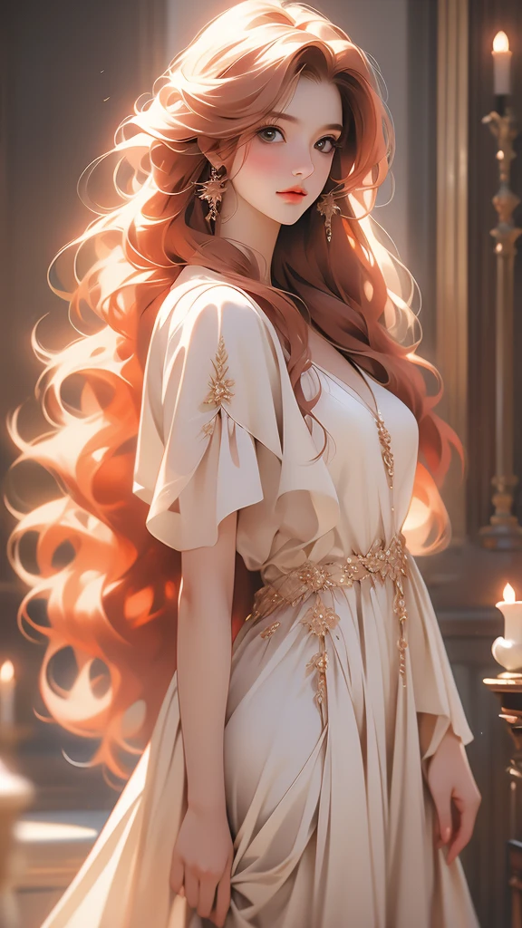 a picture of a woman standing with long blond hair posing over her shoulder, 1girl, long hair, solo, realistic, dress, red hair
