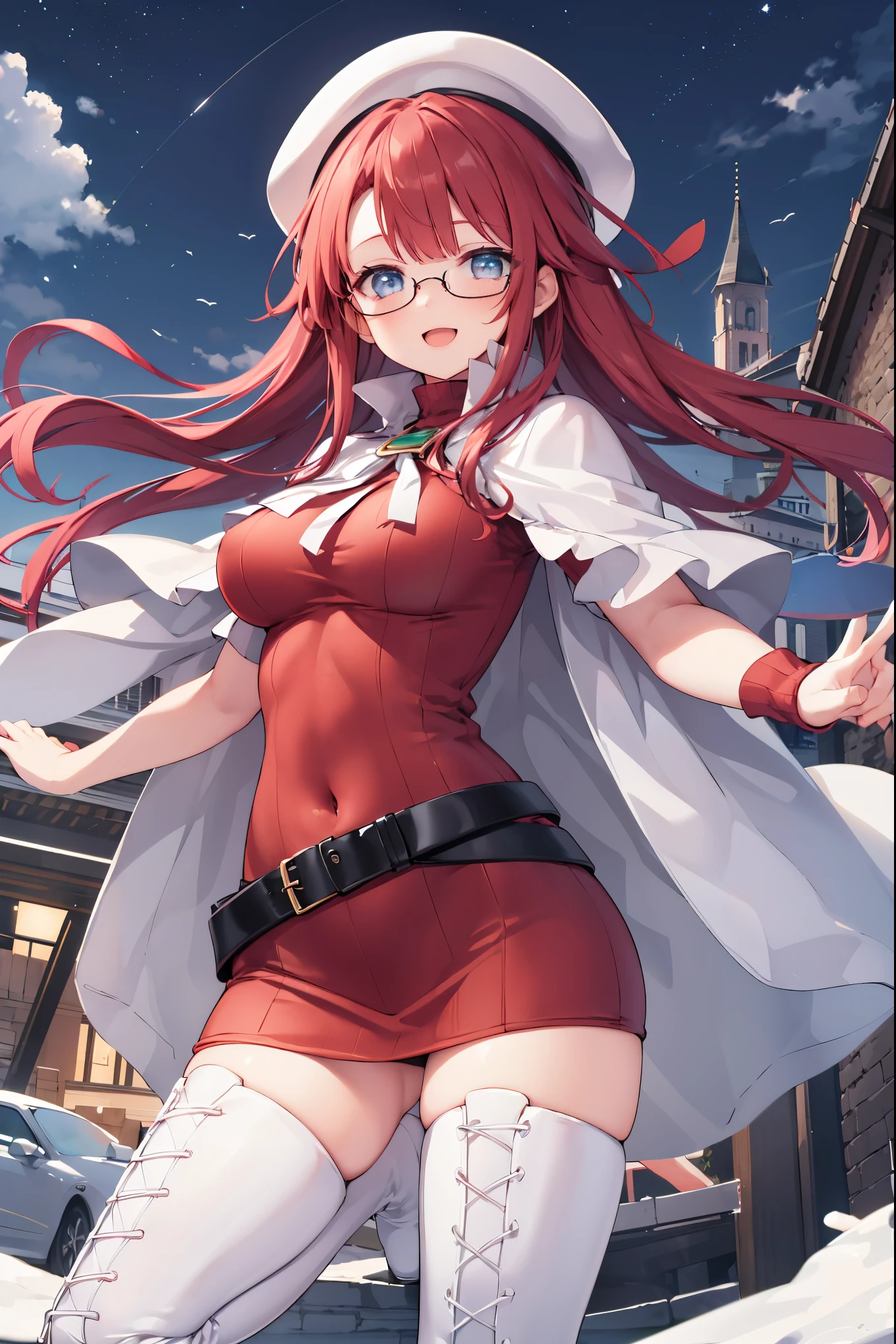 summonnightaty, aty, (young:1.3),long hair, blue eyes, red hair, big_tits, hat, glasses,
BREAK long hair, thighhighs, hat, dress, naked_legs, glasses, belt, cape, sweater, zettai ryouiki, beret, thigh boots, white footwear, ribbed sweater, loose belt,solo,
BREAK outdoors, fantasy,
,Highquality_hads,perfect_fingers,
BREAK (masterpiece:1.2), best quality, high resolution, unity 8k wallpaper, (illustration:0.8), (beautiful detailed eyes:1.6), extremely detailed face, perfect lighting, extremely detailed CG, (perfect hands, perfect anatomy),covered_nipples,covered_navel ,half_eyes,long_sword,sleepy_eyes,red_sweater,apart_knees,magical_effect,spread_legs, have_a_book,teacher,rise_knee,Smile,rise_hand,look_down_viewer,spread_arms,,looking_into,plump,open_mouth, dynamic_posing,solo,in_Emodern_town_landscape,night_sky,solo