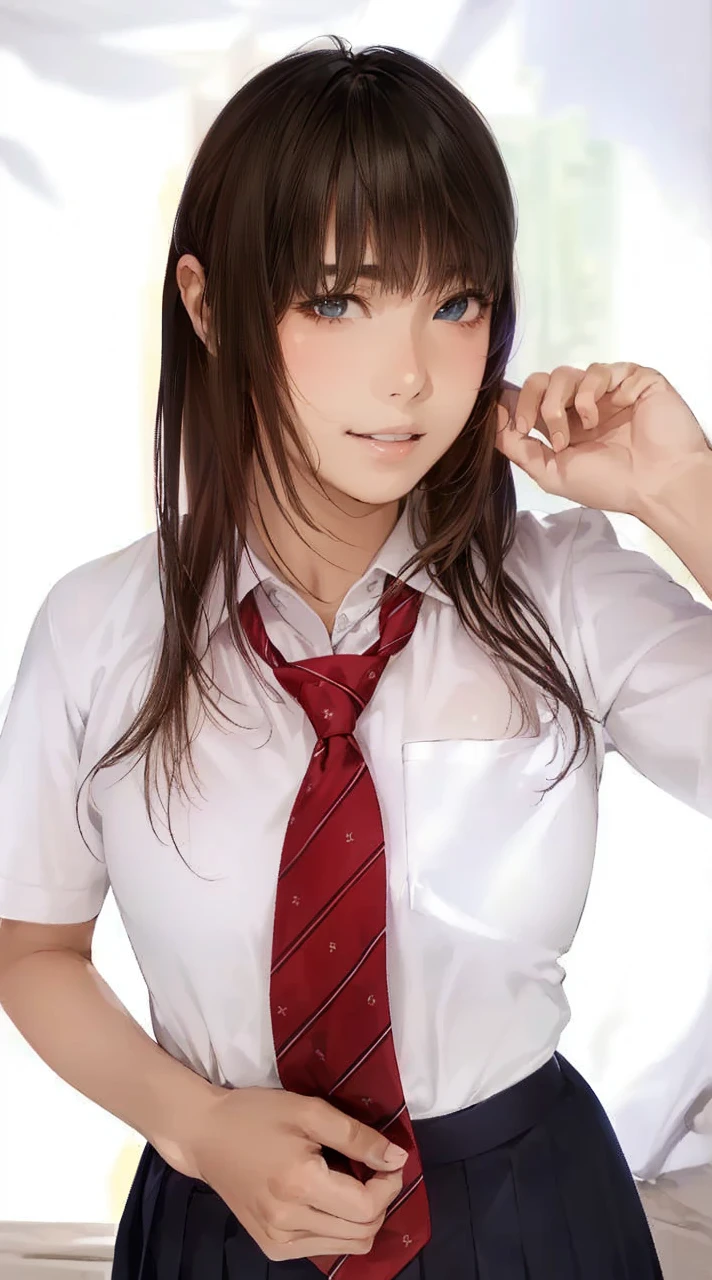 (masterpiece:1.3, top-quality, ultra high res, ultra detailed), (realistic:1.1, photorealistic:1.4), beautiful illustration, perfect lighting, colorful, depth of fields, 
beautiful detailed hair, beautiful detailed face, beautiful detailed eyes, beautiful clavicle, beautiful body, beautiful chest, beautiful thigh, beautiful legs, beautiful fingers, 
looking at viewer, 1 girl, japanese, high school girl, perfect face, (perfect anatomy, anatomically correct), cute and symmetrical face, babyface, suntan, shiny skin, 
(middle hair:1.5, twintails:1.2, blonde hair), asymmetrical bangs, blue eyes, long eye lasher, (medium breasts), slender, 
((collared short sleeve shirt, light blue shirt, school uniform, grey plaid pleated skirt, navy tie)), light blue panties, 
(beautiful scenery), evening, (park, grass, cityscape in the distance), wariza, ((double peace)), (lovely smile, upper eyes, parted lips), 