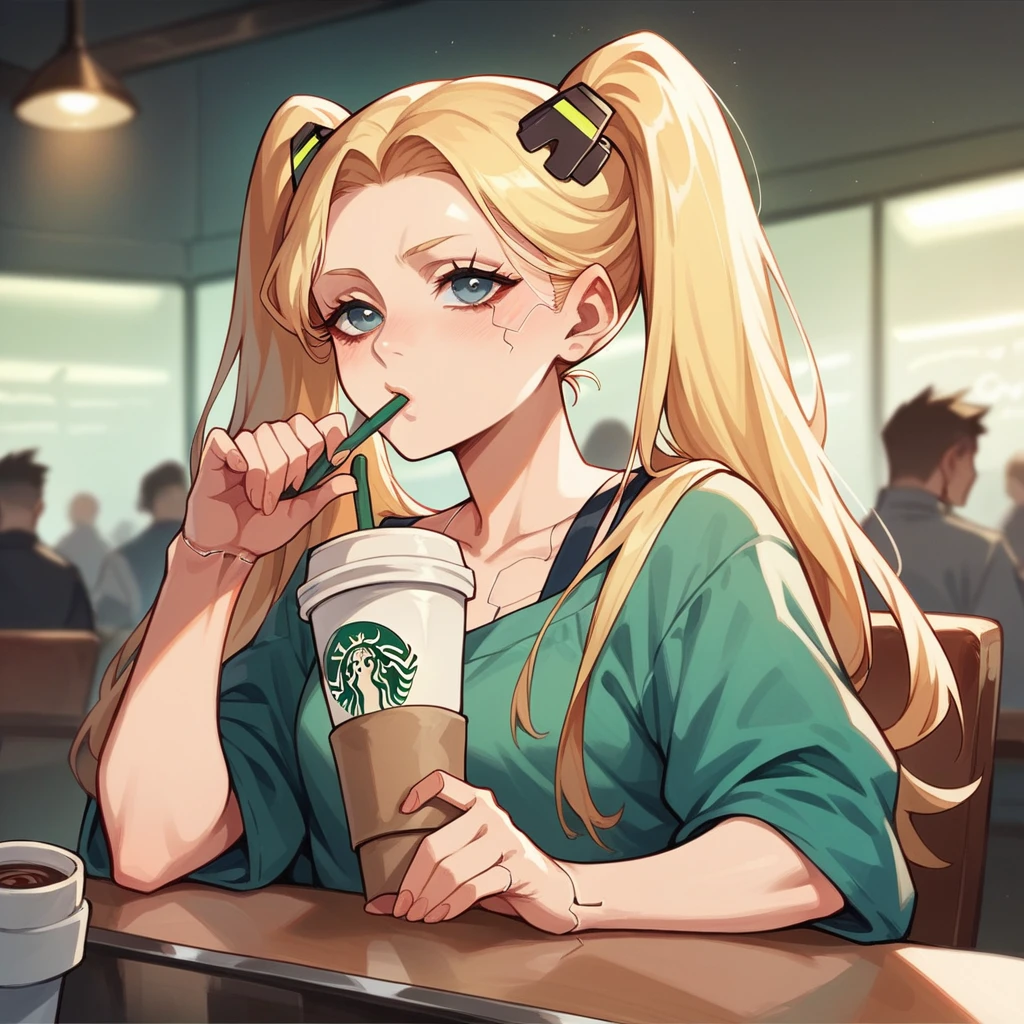delicate anime-style illustration, cinematic lighting, At Starbucks in space, a beautiful woman with blonde twintails drinking coffee in cyberpunk fashion, drawn in drawn in Japanese animation style.