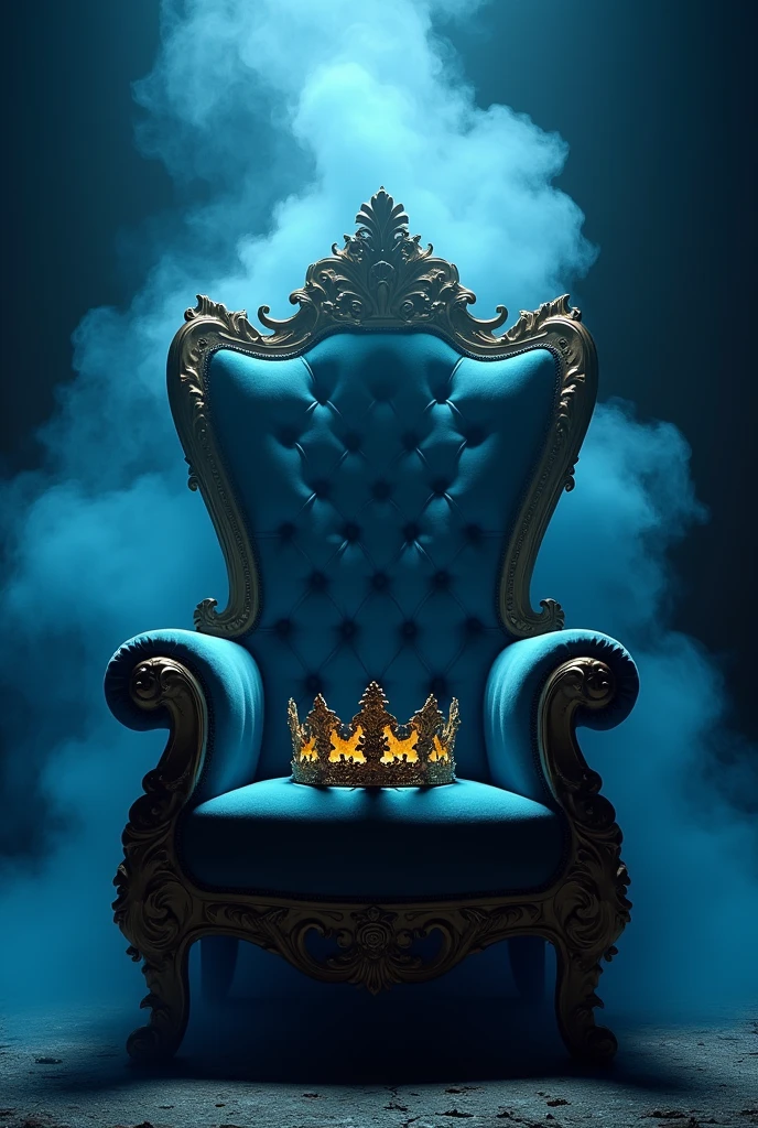 a royal throne chair, a golden crown on the chair, blue mist smoke, intricate details, photorealistic, cinematic lighting, dramatic composition, 8k, high resolution, best quality, masterpiece, ultra-detailed
