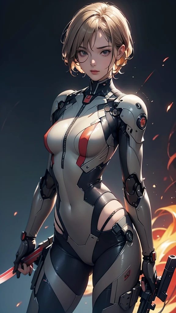 (((HD photo))), ultra high res.photorealistic:. 1.4, UHD, masterpiece, trending on artstation, 1girl, pretty, cute face, most beautiful in the world, soft, delicate, (very short hair, blonde:1.3), small cute breasts , (wearing blazing red tactical detailed suit with bikini type, future mechanical tactical suit ), woman soldier:1.4, ((holding with the gun and Japanese blade sword:1.1)), cyber sea port background, shoot from front 