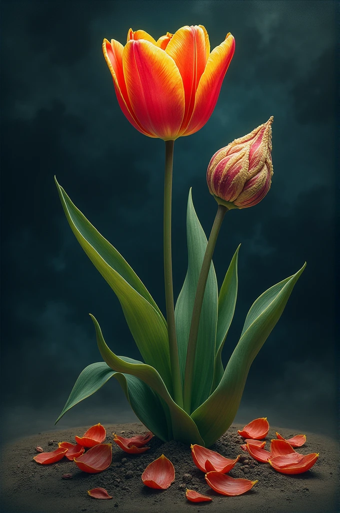 Draw me two tulips that look like a drawing, A healthy tulip but with several petals on the ground, and the other extremely withered, with a dark background with eclipse light