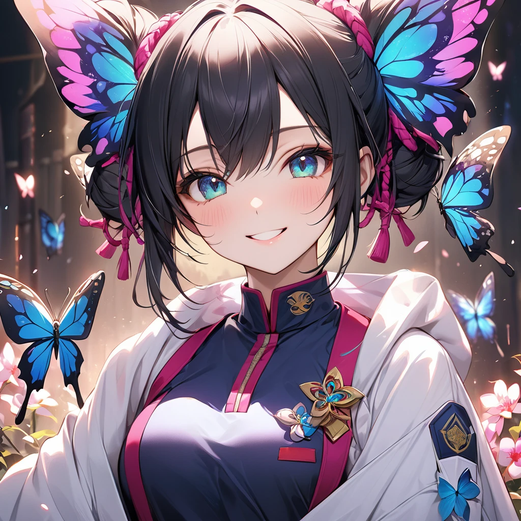 Shinobu has black hair tied up in a purple two-part bun.. She wears a dark blue demon corps uniform paired with a white haori guard., turquoise and pale pink
. She smiled very brightly./ RAW Photos:1.2, masterpiece, highest quality, 16k, Unbelievably absurd, Very detailed, perfect beauty, Beautiful cute girl, butterfly, flowers, vibrant colors,