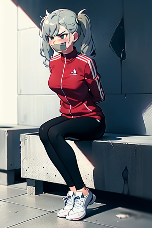 ((1 girl)), ((twin tails)), (sexy),  ((simple_background)), ((concrete floor, concrete wall)), ((underground room)), ((arms behind back)), ((scowl)), ((sitting on the knees)), ((tape gag)),  ((helpless)), ((calm)), ((struggling)), (blue tracksuit,tracksuit,tights pants, long black pants)