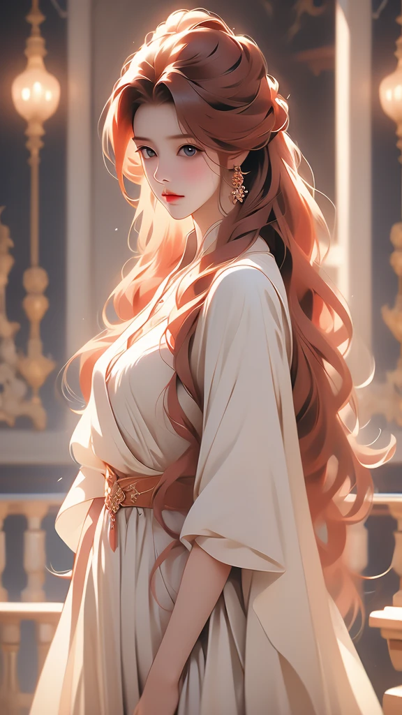a picture of a woman standing with long blond hair posing over her shoulder, 1girl, long hair, solo, realistic, dress, red hair