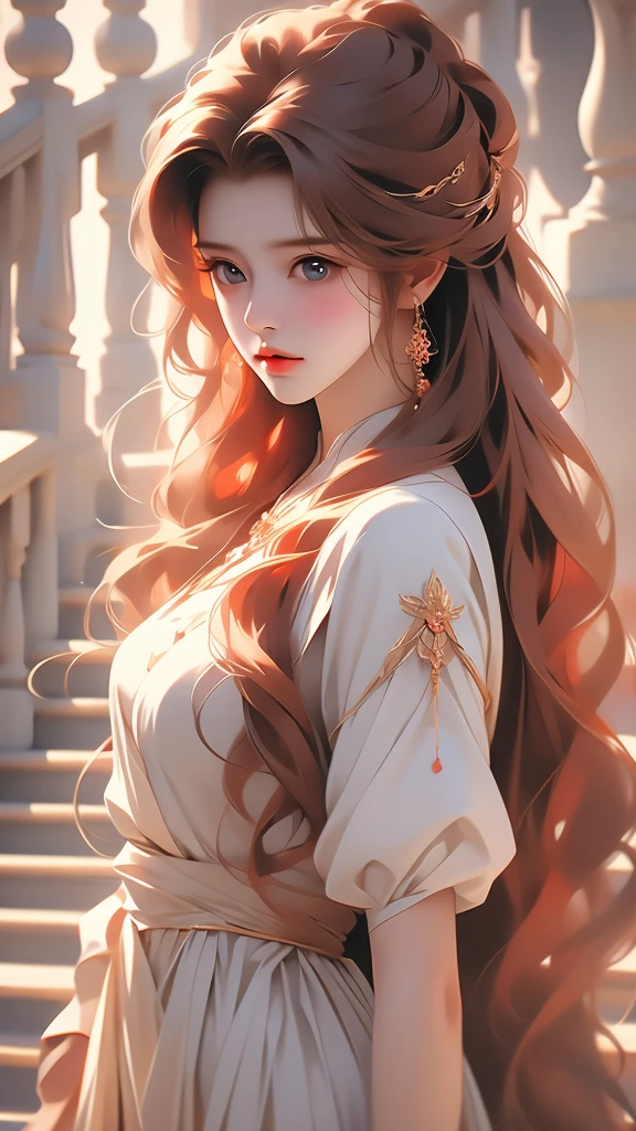 a picture of a woman standing with long blond hair posing over her shoulder, 1girl, long hair, solo, realistic, dress, red hair