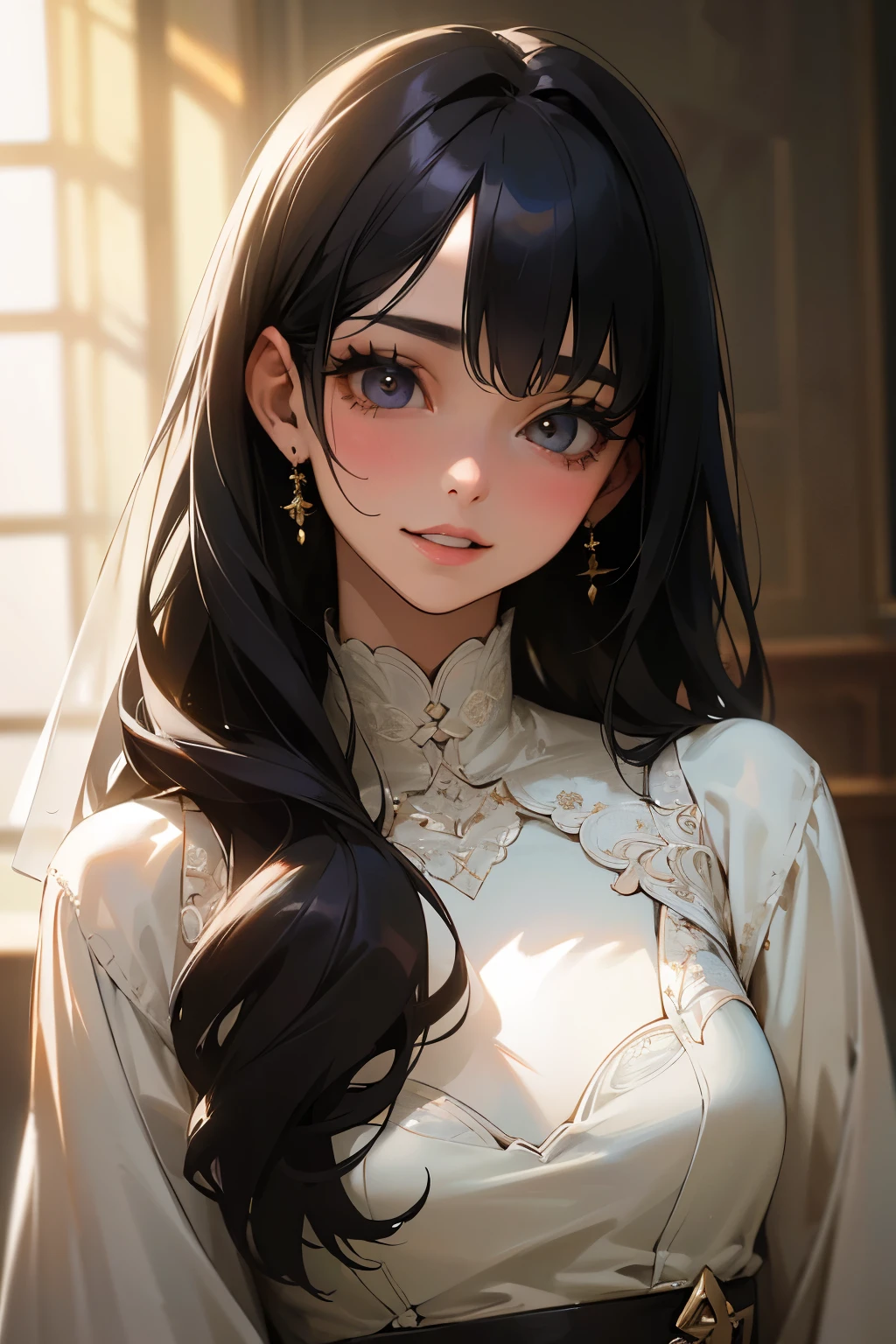 (Highest Resolution, clear_image) highest quality, Single person, One woman, alone, masterpiece, Very detailed, Semi-realistic, Black Hairのショートヘア, Black Hair, bangs, 18-year-old, mature, Wedding dress、Indoor Background, kind, Authoritative, Powerful, exquisite features, exquisite features、Eyelashes become longer、Showing teeth、woman&#39;Fingers in the、Sleeping on the sofa、Long Hair、Fluttering in the wind、