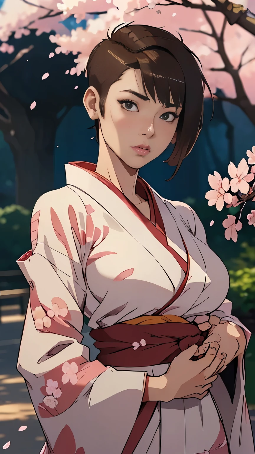 photo of mlp Meowko, RAW, beautiful woman, ((portrait)), ((detailed face:1.2)), ((anime face, anime facial feature, beautiful anime mouth, clear skin, clear skin), (short messy lesbian haircut, one shaved side, brunette: 1.55), (perfect proportioned body, Strong, muscular, narrow waist, narrow hips, skinny, large breasts), (undressing a kimono, hands grabbing at clothes: 1.5), (high detailed park with cherry blossoms: 1.3), (realistic photo, best quality, detailed), (8k wallpaper), (cinematic lighting, beautiful light, (day:1.3)) (sharp focus, intricate)