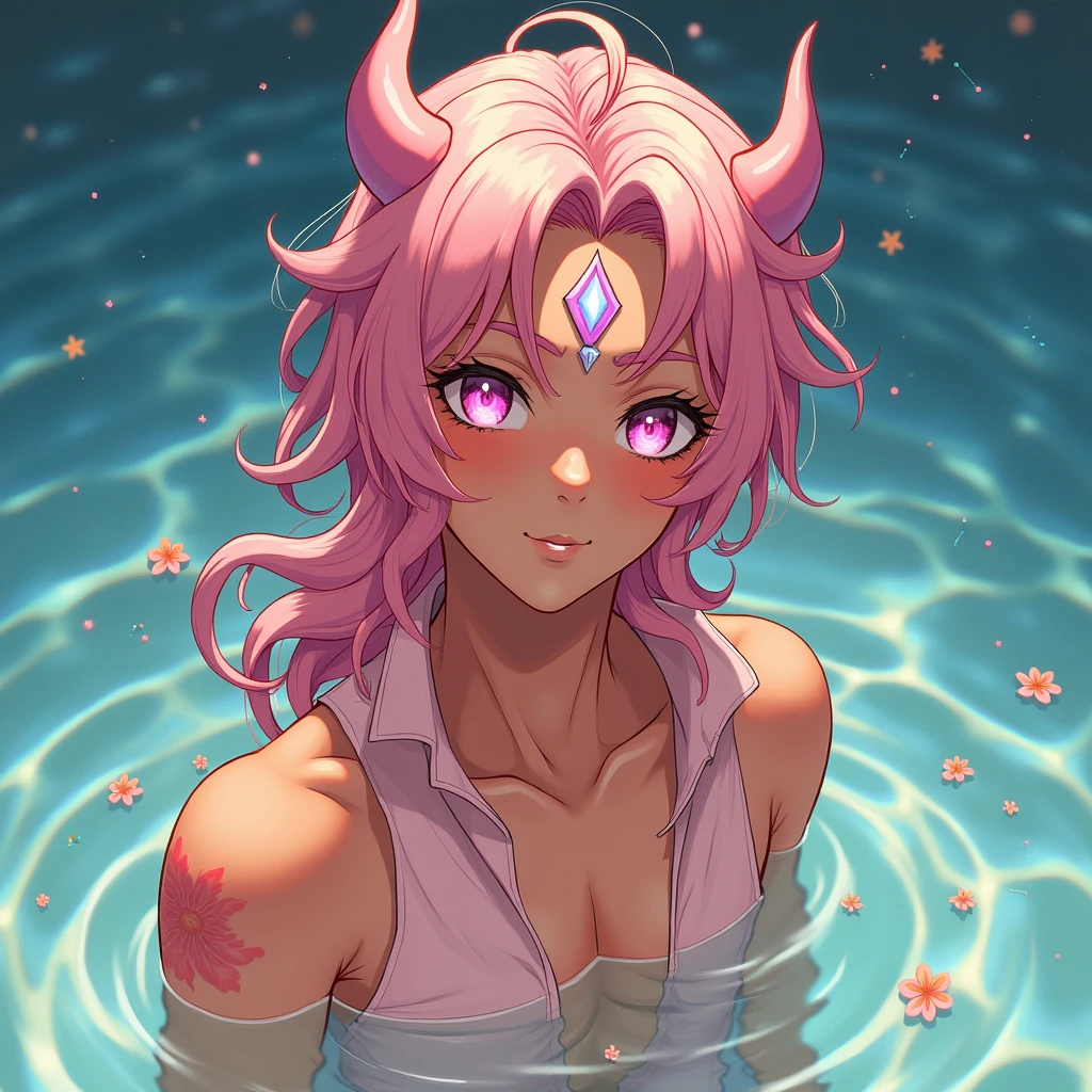 feminine man, orange skin with pink vitiligo, three opalescent eyes, corkscrew curls, sheer pink outfit, shallow water, crystal clear water, magic, tropical pink and orange flowers, constellations, anime, short and blunt horns on forehead, man, alien, anime