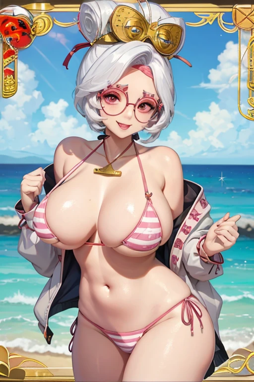 trading card of purah, sexy pose, big breasts, smile, pink striped bikini, glasses
, slimy tongue sticking out