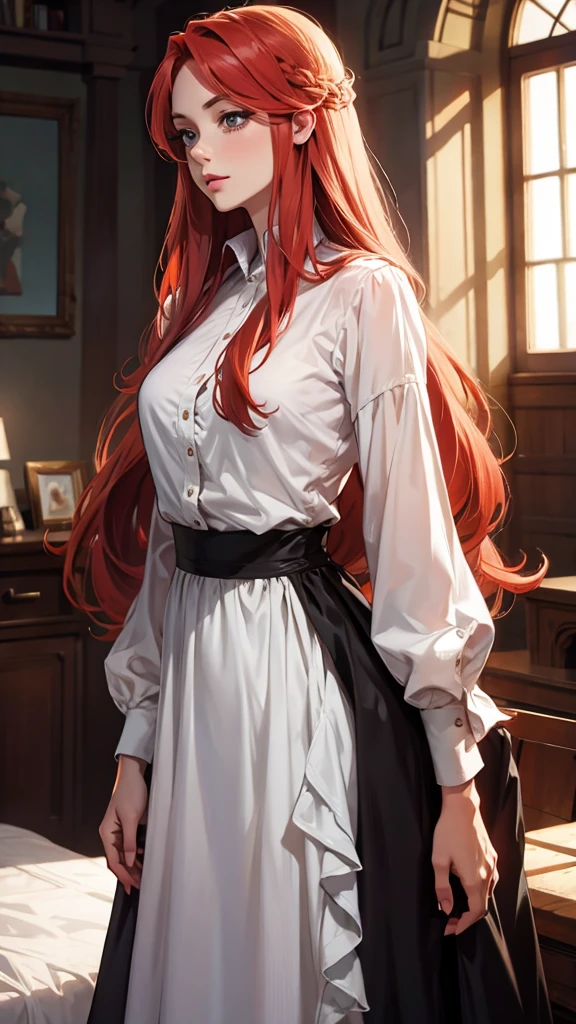 a picture of a woman standing with long blond hair posing over her shoulder, 1girl, long hair, solo, realistic, dress, red hair