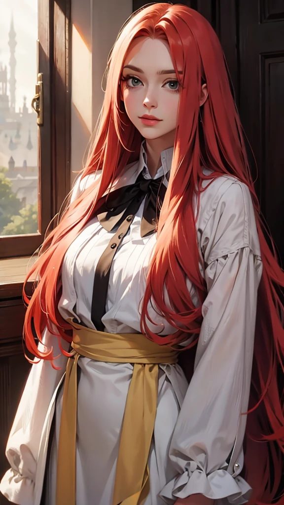 a picture of a woman standing with long blond hair posing over her shoulder, 1girl, long hair, solo, realistic, dress, red hair