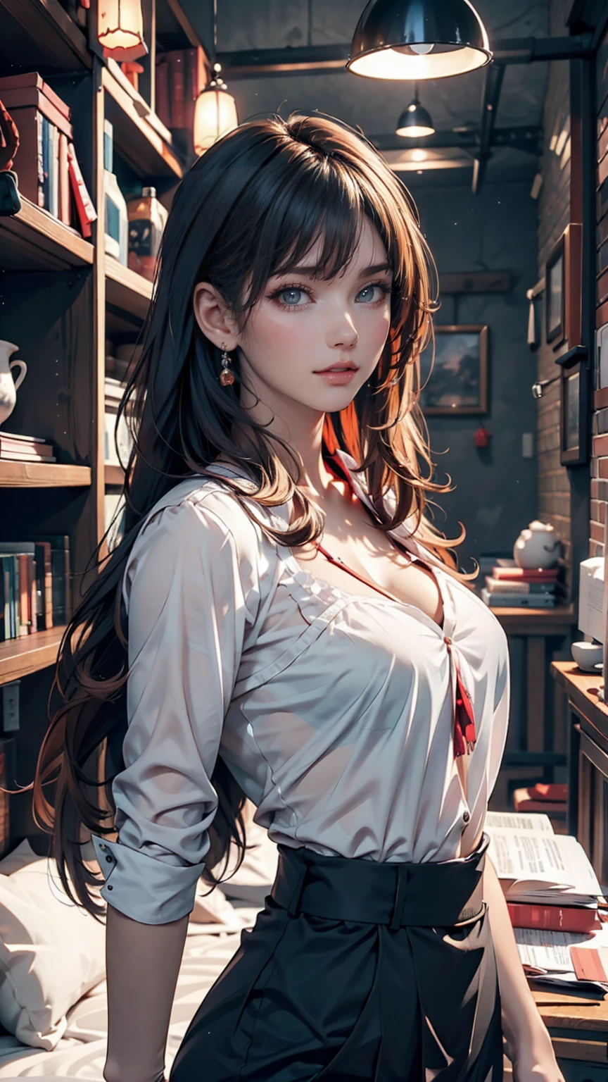 Very detailed、Seductive erotic woman, A shirt that fits snugly against the skin, (Big Breasts, My chest is so big that it tears my shirt, Redhead), Focus on the face, Focus on the face, Complex eyes,