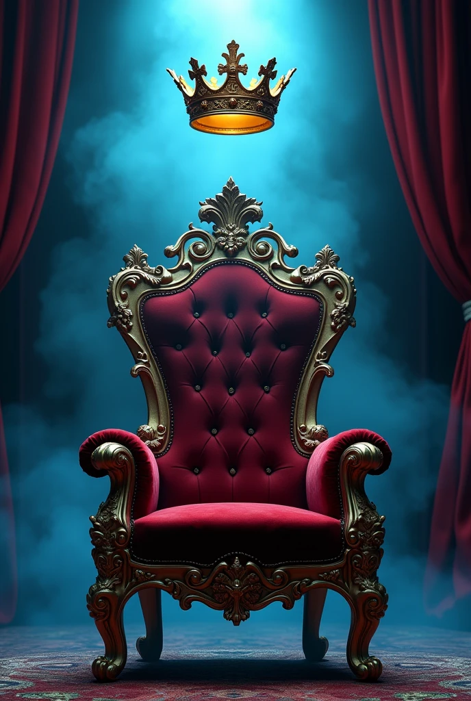 A royal throne with a golden crown floating above, detailed ornate carvings, velvet upholstery, curtains behind chair, blue mist, dramatic lighting, cinematic composition, intricate details, highly detailed, 8k, photorealistic, digital art, fantasy, concept art, dramatic lighting, moody atmosphere, vibrant colors, rich textures
