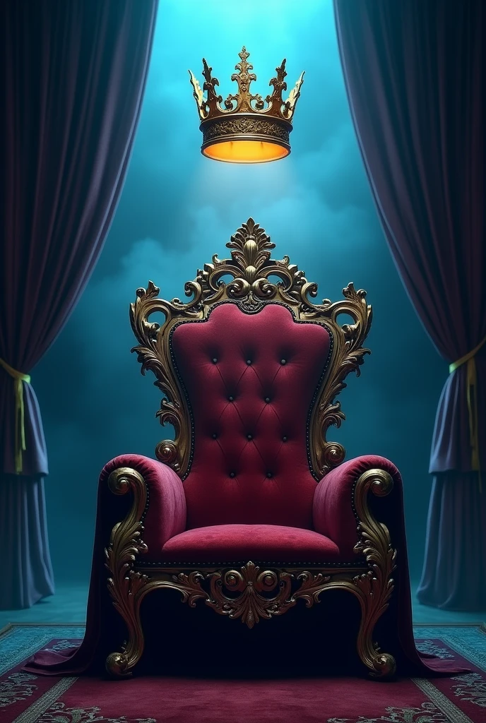 A royal throne with a golden crown floating above, detailed ornate carvings, velvet upholstery, curtains behind chair, blue mist, dramatic lighting, cinematic composition, intricate details, highly detailed, 8k, photorealistic, digital art, fantasy, concept art, dramatic lighting, moody atmosphere, vibrant colors, rich textures