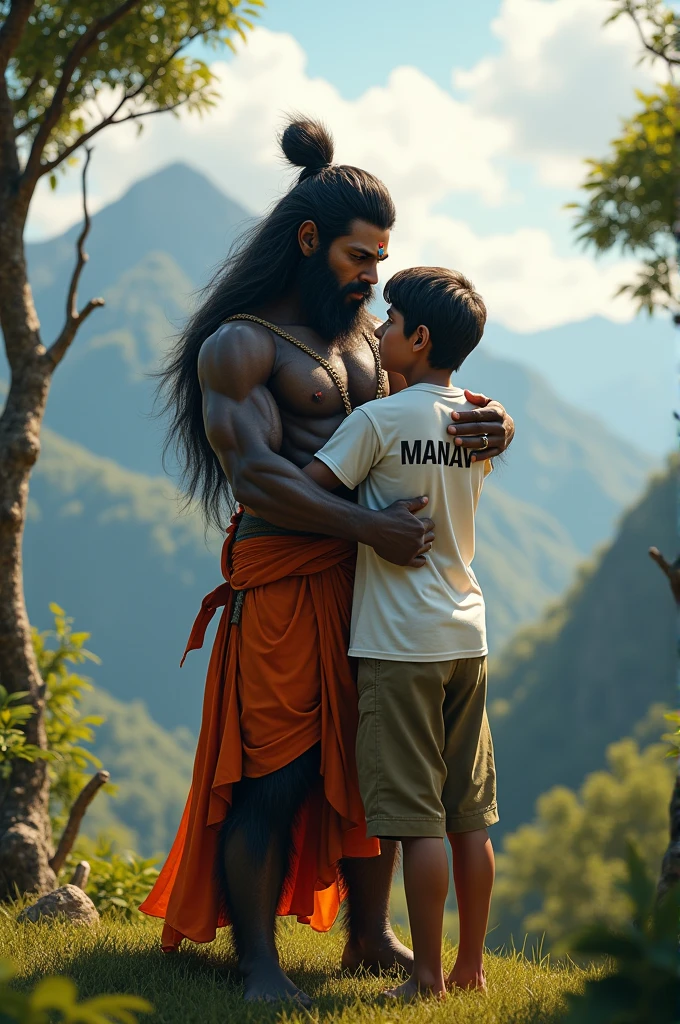 create a high quality realistic image, lord Hanuman and a 15 year old age boy hugging are Warking with each other, boy is wearing white t-shirt on which his name “Manav”is written boldly on top, both are emotional, environment is mountain, background is of tree, image should ultra clear, hyper realistic, 4k.