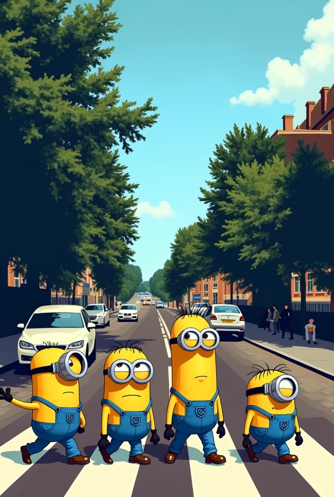 The Beatles crossing the street but minions style