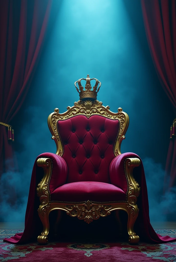 A royal throne with a golden crown on chair's head, detailed ornate carvings, velvet upholstery, curtains behind chair, blue mist, dramatic lighting, cinematic composition, intricate details, highly detailed, 8k, photorealistic, digital art, fantasy, concept art, dramatic lighting, moody atmosphere, vibrant colors, rich textures