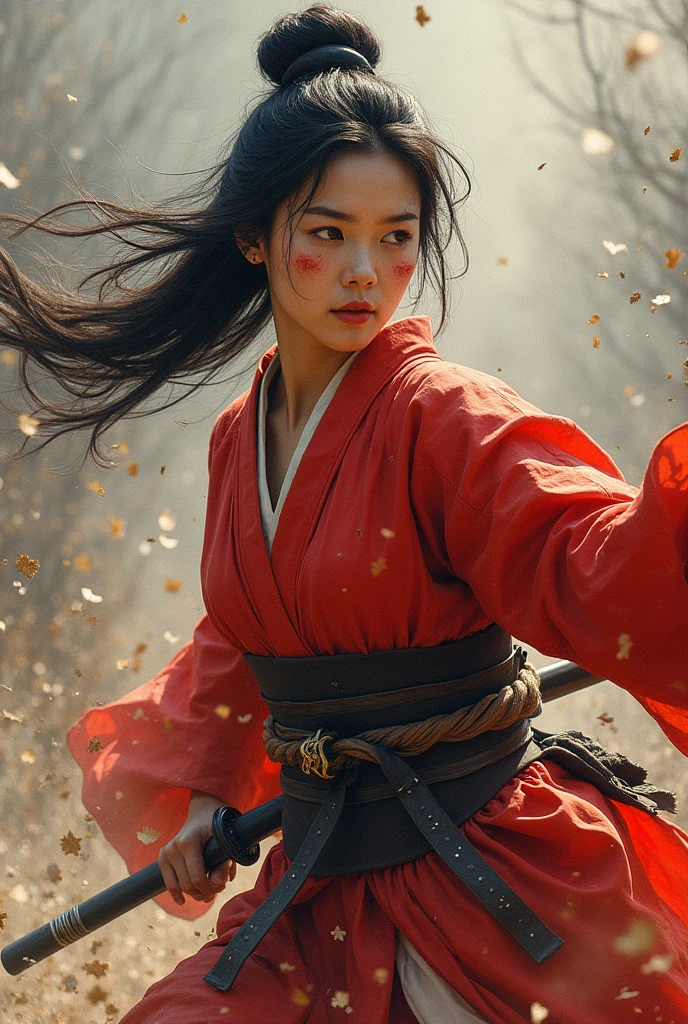 A beautiful samurai lady fleeing from the Shogun's army, in the Edo period,She sustained minor injuries,A chase scene in a movie ,Realistic painting , colorful oil paint