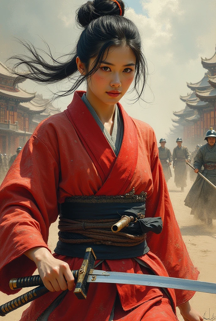 A beautiful samurai lady fleeing from the Shogun's army, in the Edo period,She sustained minor injuries,A chase scene in a movie ,Realistic painting , colorful oil paint