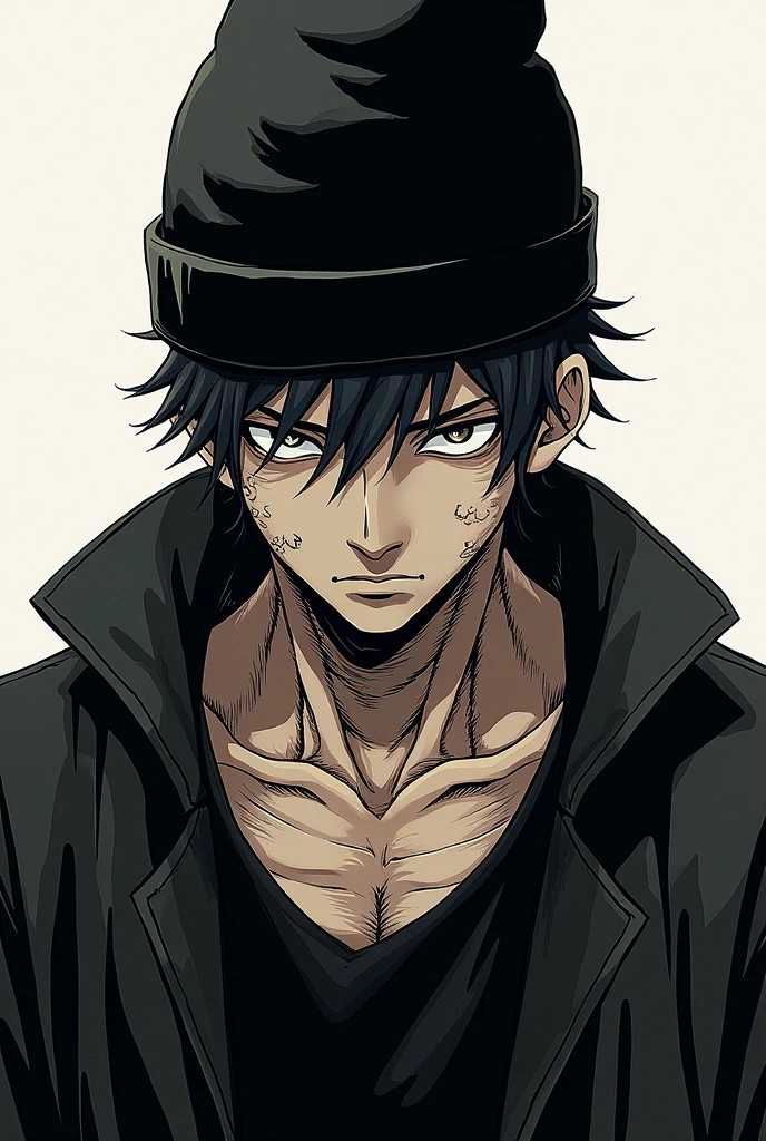 Man with a black beanie hat on his head ,empty eyes of a killer, serious face,Jujutsu Kaisen school clothes and bandages all over the body with comic style art