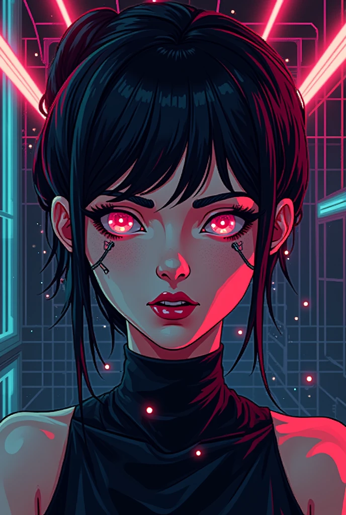 Make a girl image; pixel art, in style of pixelart, 8bit, cyberpunk, digital art,
wireframe mesh, high contrast, dark background, retrofuturistic, space
glowing neon lights, close up, portrait