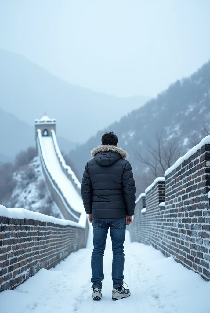 A young man's back can be seen standing on a high platform:The Great Wall of China made of ice in the near distance(No snow)Horizontal direction,In the distance is the Wuhan Yangtze River Bridge made of ice。The Great Wall can be climbed