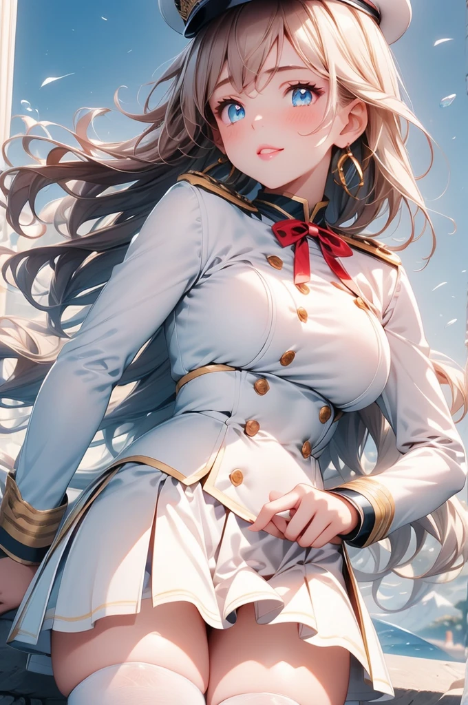 A beautiful 20 year old girl in uniform sitting on a bench with a hat, anime girl, military hat, red puffy miniskirt, white blazer, white stockings, big round breasts, sitting, blue sky, dark brown hair, long red bangs, french braid, long hair, wavy hair, shiny hair, hairclip, hair ribbon, aqua eyes, glowing eyes, pupils sparkling, earrings, blush, puckered lips, confused, red lips, high detail, anime, anime style, depth of field, dithering, image fill, perspective, lens flare, Wide-Angle, f/1.8, 85mm, Nikon, 8k, super detail, UHD, retina, masterpiece, accurate, anatomically correct, textured skin, best quality, highres, 16k
