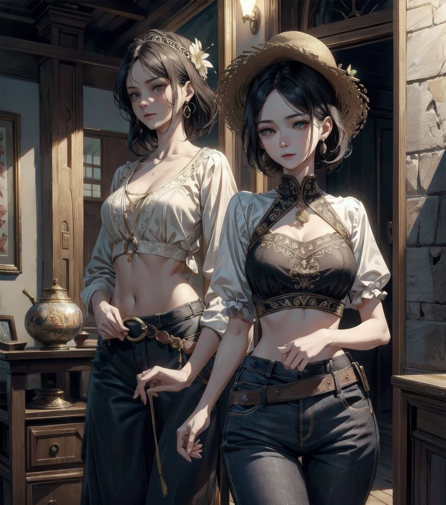 absurdres, RAW photo, extremely delicate and beautiful, masterpiece, Best Quality, ultra high resolution, 32k, hyper realistic, ultra-detailed, Very detailed CG 8k wallpaper, detailed background, landscape, Beautiful Lighting, Perfect Lightning, Realistic Shadows, perfect anatomy, anatomically correct, ideal ratio body proportions, perfect figure, Perfect Style, Perfect balance, super Detailed skin, in her 30s, very Slim body, narrow waist, very small head, very small face, delicate facial features, handsome detailed woman, very detailed eyes and face, realistic face proportions, Realistic beautiful face, Realistic beautiful eyes, tearful mole, earring, whole body shot, very huge round tits, medium short hair, asymmetrical hair, wavy hair, indoor, blouse, bare collarbone, midriff, shorts, straw hat,