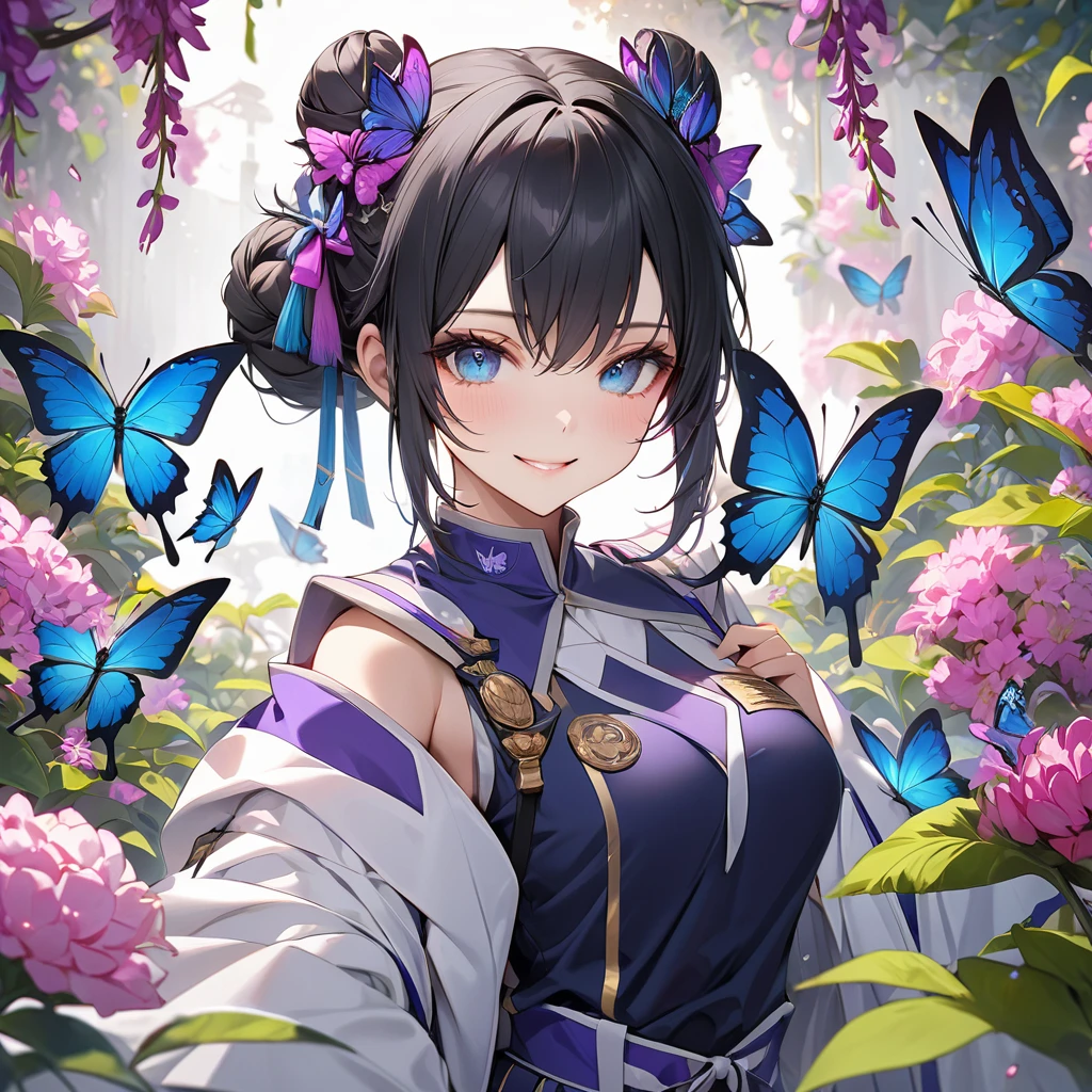 Shinobu has black hair tied up in a purple two-part bun.. She wears a dark blue demon corps uniform paired with a white haori guard., turquoise and pale pink
. She smiled very brightly./ RAW Photos:1.2, masterpiece, highest quality, 16k, Unbelievably absurd, Very detailed, perfect beauty, Beautiful cute girl, butterfly, flowers, vibrant colors,