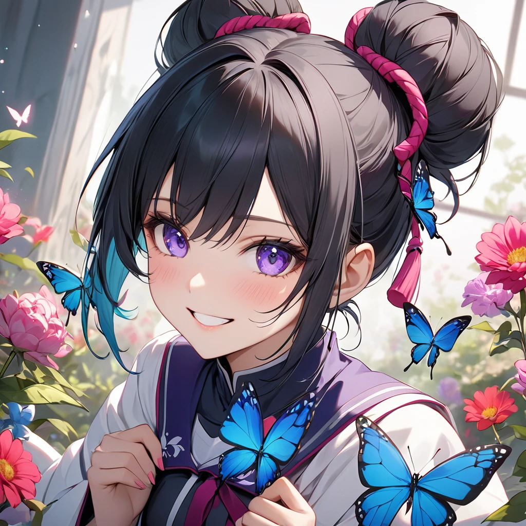 Shinobu has black hair tied up in a purple two-part bun.. She wears a dark blue demon corps uniform paired with a white haori guard., turquoise and pale pink
. She smiled very brightly./ RAW Photos:1.2, masterpiece, highest quality, 16k, Unbelievably absurd, Very detailed, perfect beauty, Beautiful cute girl, butterfly, flowers, vibrant colors, 