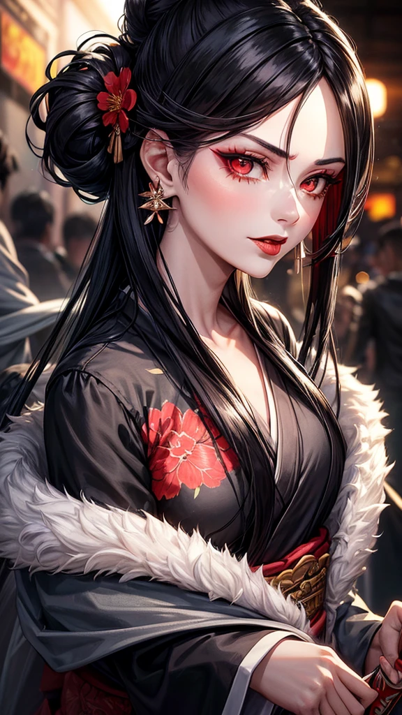 “A high-resolution wallpaper featuring a woman with long black hair styled in an updo, illuminated with side lighting that casts half of her face in shadow. She is wearing a white kimono adorned with red floral patterns. Her face, adorned with red eyeshadow and red lipstick, reveals striking red eyes. She has tattoos extending from her face to her arm. She wears traditional hair accessories and earrings. She holds a silver, gleaming katana in front of her face, with the blade catching the light. The overall mood is intense and dramatic."tooth, Sticking out tongue, Sticking out tongue, Heavy breathing, Background blur,