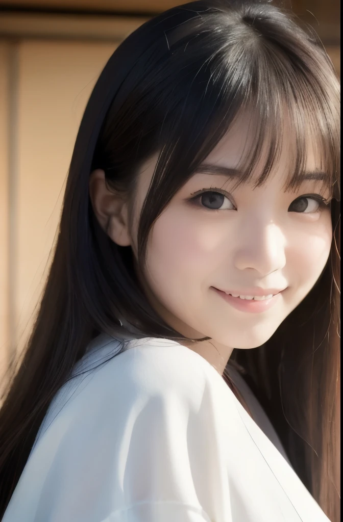best quality, face focus, soft light, ultra high res, (photorealistic:1.4), RAW photo,(Shinozaki Ai), white skin, kawaii, 1 Japanese girl, solo, cute, (smile), (pupil, lights in the eyes), detailed beautiful face, Medium-sized ,(high resolution detail of human skin texture),(long hair),(portrait), upper body, white traditional kimono