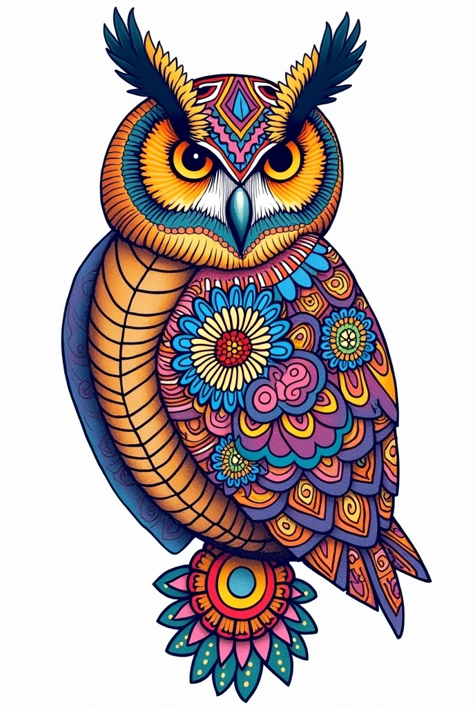Painting pages for adults。Mandala pattern。Drawn with thick lines、Few details、No shading。It is colorfully painted。Impressive and colorful picture pages designed for adults with white background, A majestic owl depicted in a mandala style. The owl is decorated with intricate patterns such as flowers and geometric shapes., A fascinating and detailed work of art. The figure focuses on crisp, Clean lines and bold outlines, No shading or color, Allowing users to bring their own unique vibrancy to their creations. Minimalist design, Thick lines and lack of background detail, Calm your mind、Soothing, colorful and gentle drawing pages for adults seeking creative activity. figure