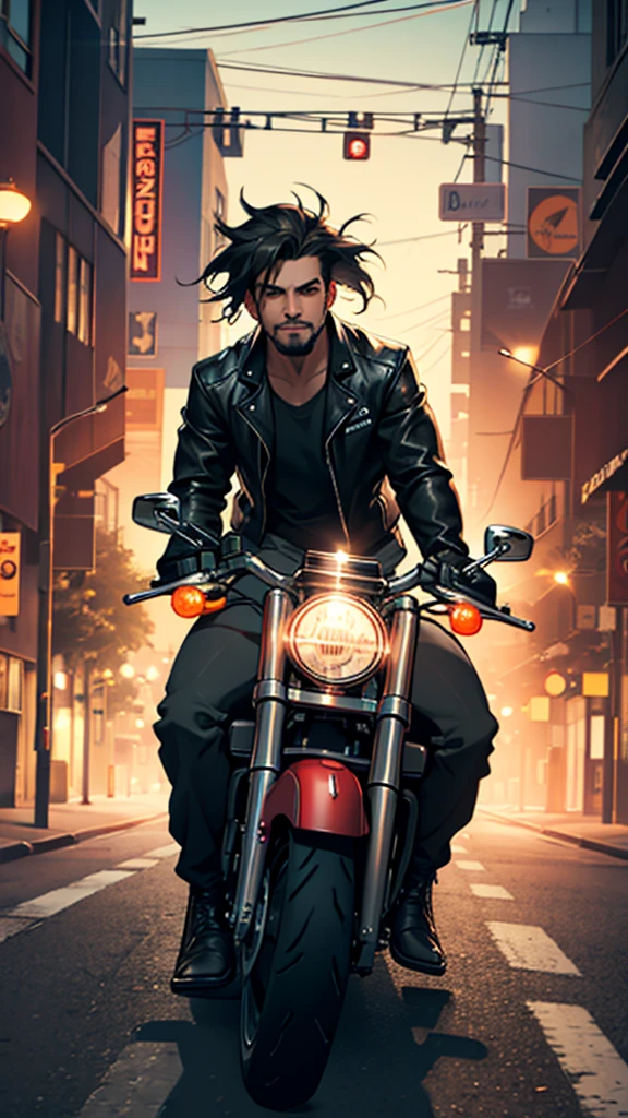 {Front view} of a man riding harley davidson nighster. 