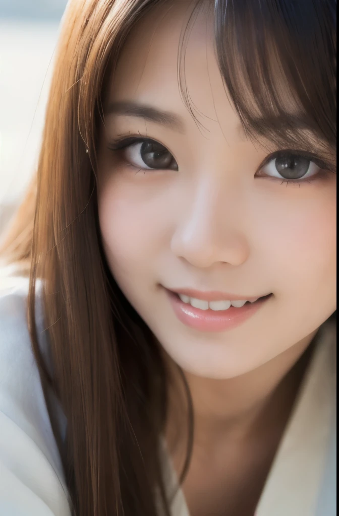 best quality, face focus, soft light, ultra high res, (photorealistic:1.4), RAW photo,(Shinozaki Ai), white skin, kawaii, 1 Japanese girl, solo, cute, (smile), (pupil, lights in the eyes), detailed beautiful face, Medium-sized breasts,(high resolution detail of human skin texture),(long hair),(portrait), upper body, white traditional kimono