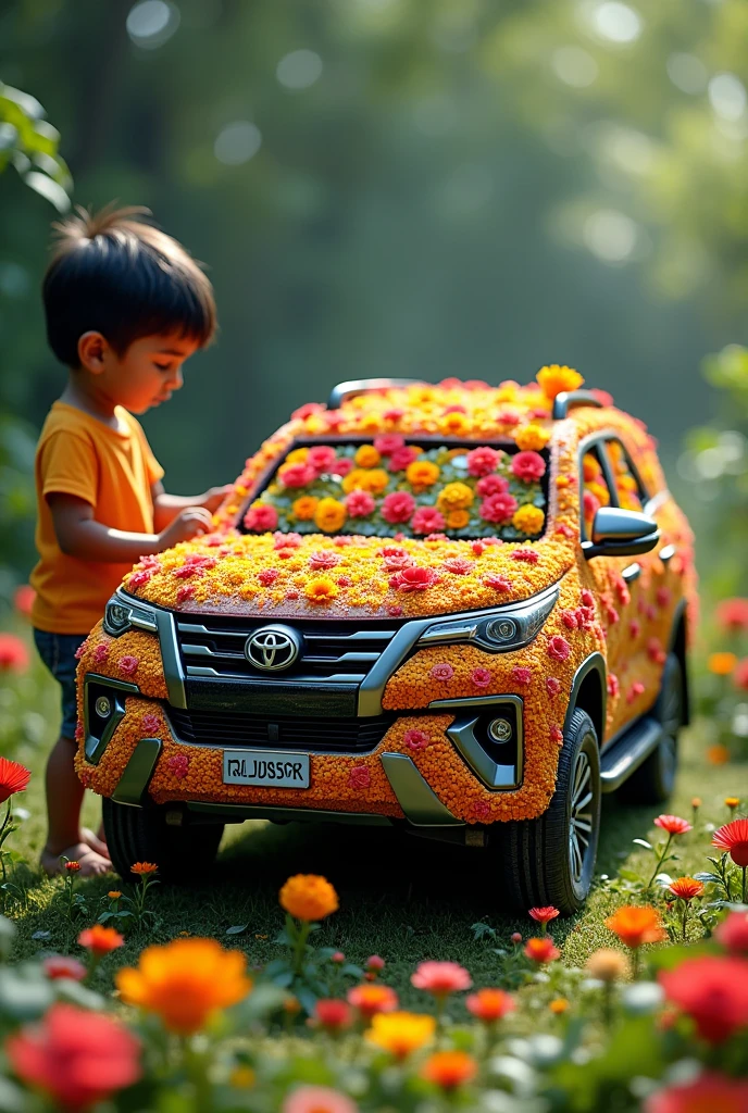 An Indian boy making a fortuner car teller from flowers.