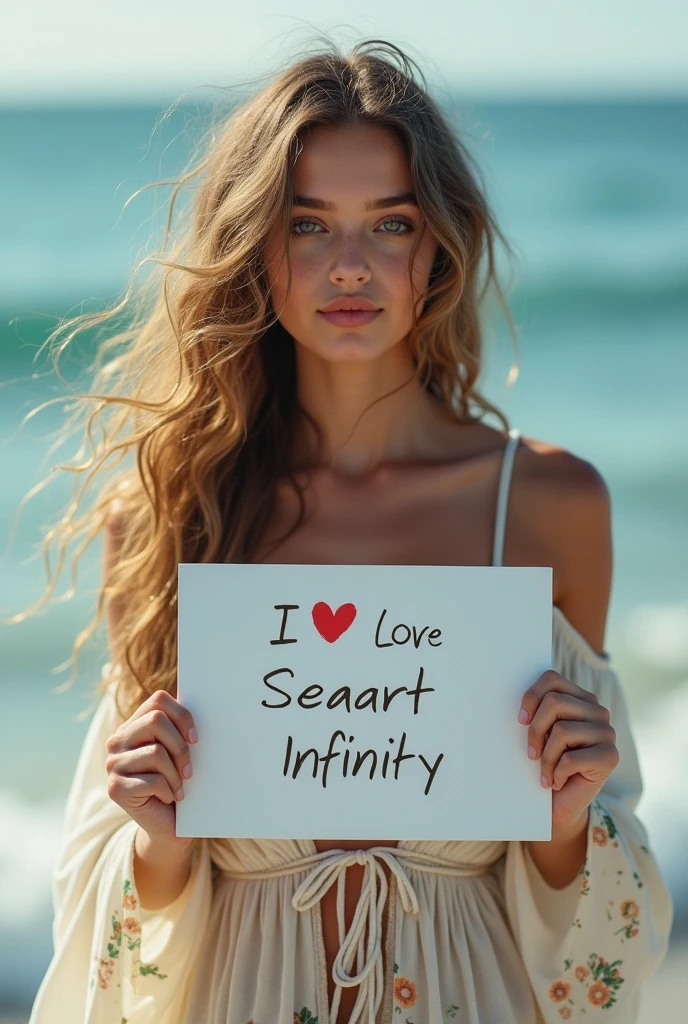 Beautiful girl with wavy long hair, bohemian dress, holding a white board with text "I Love Seaart Infinity" and showing it to the viewer