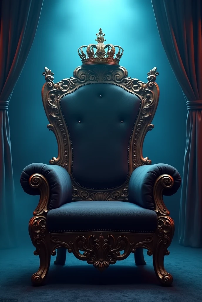 A royal throne with a golden crown on chair's head, detailed ornate carvings, velvet upholstery, curtains behind chair, blue mist, dramatic lighting, cinematic composition, intricate details, highly detailed, 8k, photorealistic, digital art, fantasy, concept art, dramatic lighting, moody atmosphere, vibrant colors, rich textures
