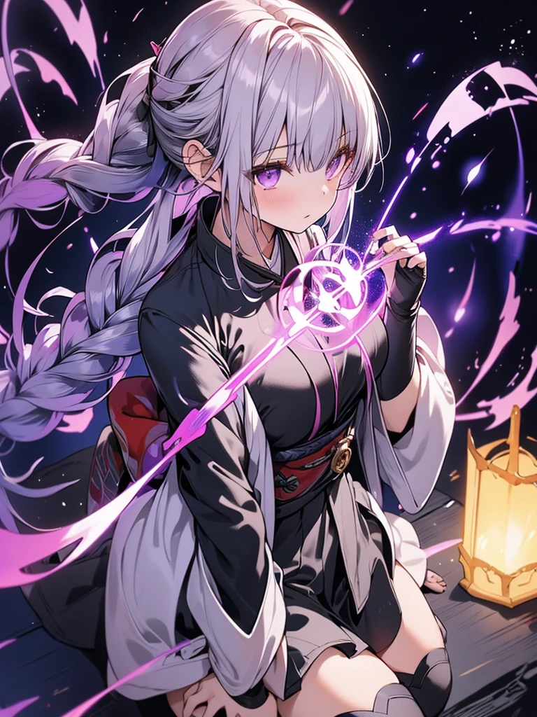 One girl, kimono, ponytail ,Gray Hair, Purple eyes, magic circle, Blue Fire, Blue Flame, wallpaper, landscape, Blood, Blood splatter, Depth of written boundary, night, Particles of light, light, Side light, Thighs, destiny \(series\), latex, Open jacket, skirt, Knee socks, cloud