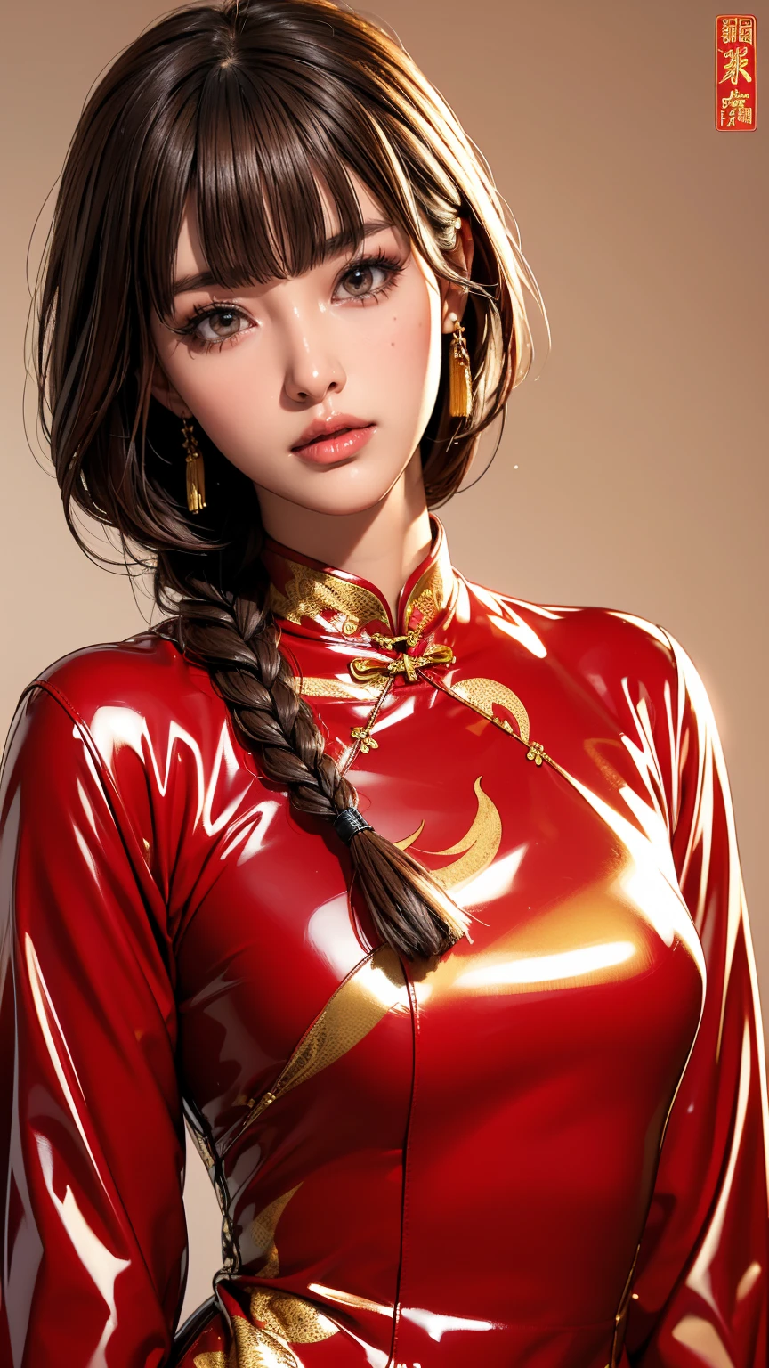 Realistic, masterpiece, Highest quality, Highest Resolution, Anatomically correct, Accurate Anatomy, 7 heads, Height: 165cm, One Japanese woman, Open your mouth and laugh, Staring at the audience, Fine and beautiful eyes, Sparkling eyes, Thin eyebrows, Gives lashes a delicate finish, False eyelashes, (Chinese traditional makeup:1.2), (Braided hair, Blunt bangs, Brown Hair:1.2), Detailed face, Sharp Eyes, (A latex cheongsam with a classic red base and gold patterns, Clothes that fit snugly to the body:1.3), Upper body photo, Background like ink painting