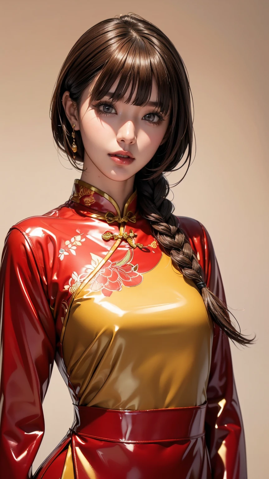 Realistic, masterpiece, Highest quality, Highest Resolution, Anatomically correct, Accurate Anatomy, 7 heads, Height: 165cm, One Japanese woman, Open your mouth and laugh, Staring at the audience, Fine and beautiful eyes, Sparkling eyes, Thin eyebrows, Gives lashes a delicate finish, False eyelashes, (Chinese traditional makeup:1.2), (Braided hair, Blunt bangs, Brown Hair:1.2), Detailed face, Sharp Eyes, (A latex cheongsam with a classic red base and gold patterns, Clothes that fit snugly to the body:1.3), Upper body photo, Background like ink painting