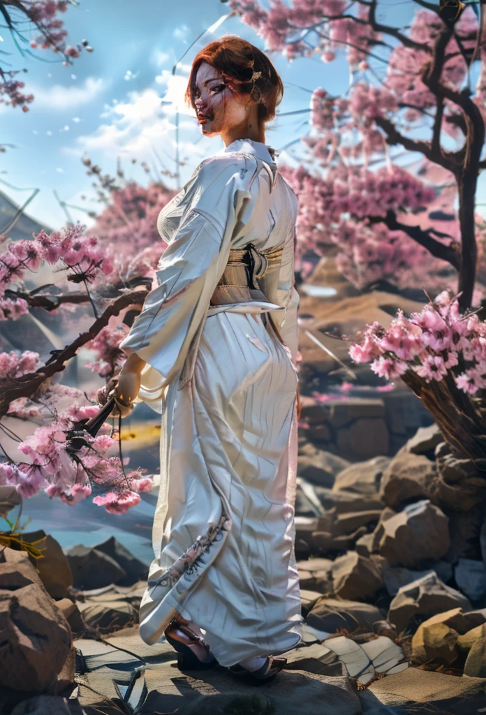 camera showing ground level long shot of the whole-body view of lady from head to elegant stiletto high heel. In this captivating, cinematic photo of a female Sengoku-era warrior, pretty lady MoonLay, stands tall in her vibrant kimono and stylish box pleated layered micro skirt and stiletto heel, exuding an aura of strength and grace. Her fiery red hair cascades down her back, and she holds her unsheathed pristine katana with determination. Her goddess super curvy figure, the goddess hair accessories and the sleek stiletto high heel she wears make her more elegant and seductive. The pinkish-cloudy sky casts a soft, vibrant glow over the scene, with colorful cherry blossoms blooming around her, symbolizing the transient beauty of life. A mystical Japanese cat, a guardian of fortune and happiness, perches on her shoulder, observing the surroundings with keen eyes. Her appearance is very sleek, stylish, minimalistic and elegant. Her hands gracefully position her like a divine protector, while her comrade samurai warriors standby for her command in the background, their faces a mix of determination and loyalty. 