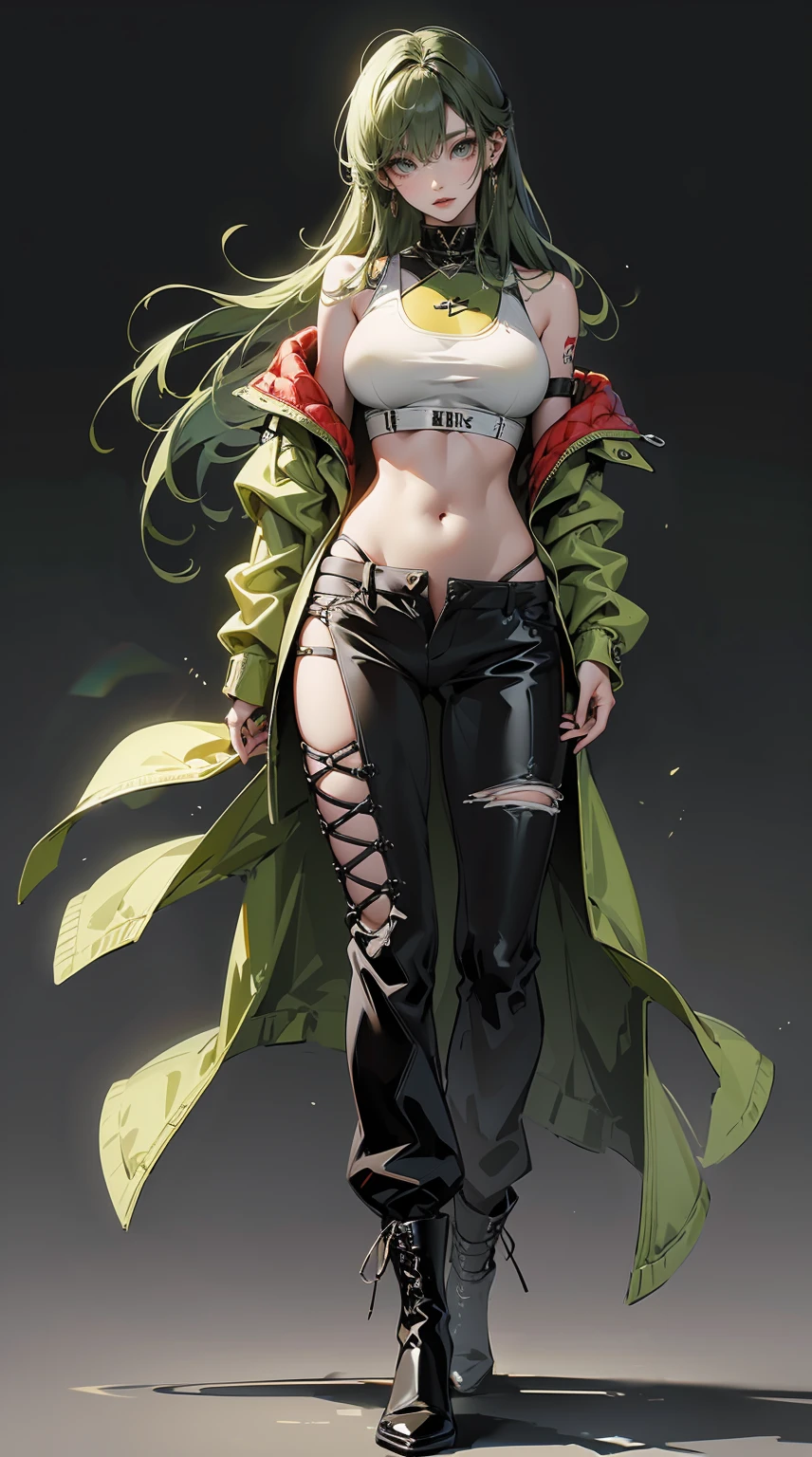 Highest quality、masterpiece、8k、Realistic、超High resolution、Very delicate and beautiful、High resolution、Gal、Perfect female body、Beautiful woman、Mature Woman、Green Hair、long hair、Bright green eyes、Six Pack、Toned body、Large Breasts、Huge breasts、Black military uniform、Tank top、I can see your belly、Black trousers、boots、cigarette、Wild Pose、Full body emphasis、Simple Background