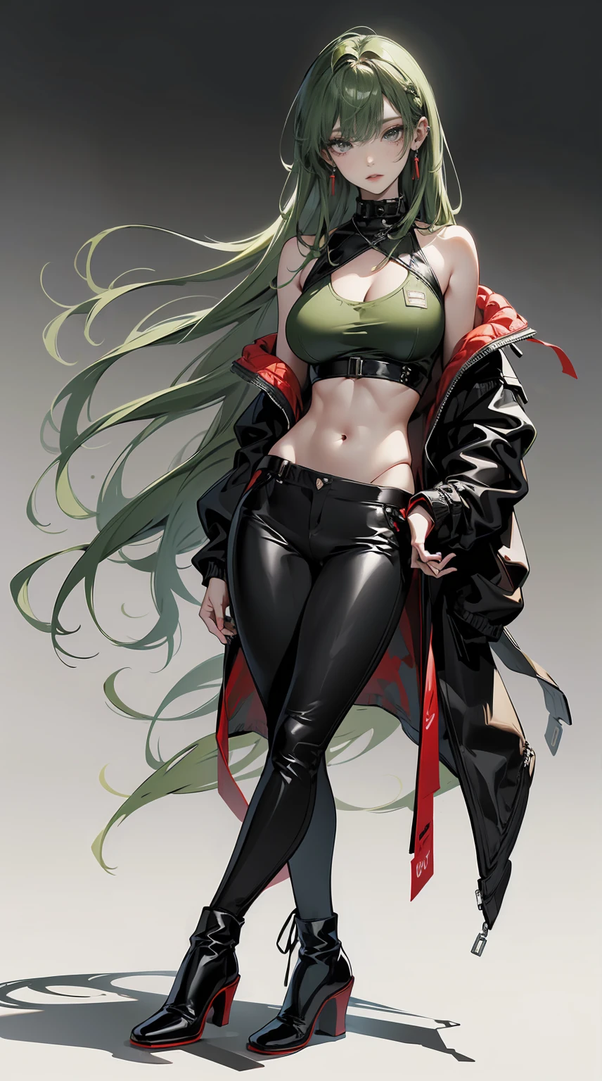 Highest quality、masterpiece、8k、Realistic、超High resolution、Very delicate and beautiful、High resolution、Gal、Perfect female body、Beautiful woman、Mature Woman、Green Hair、long hair、Bright green eyes、Six Pack、Toned body、Large Breasts、Huge breasts、Black military uniform、Tank top、I can see your belly、Black trousers、boots、cigarette、Wild Pose、Full body emphasis、Simple Background