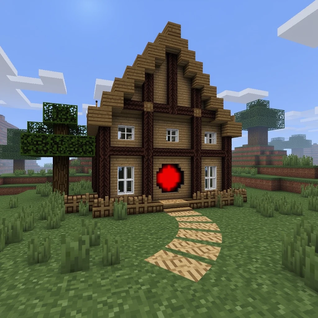 Imagine a minecraft house with farm and nether portal