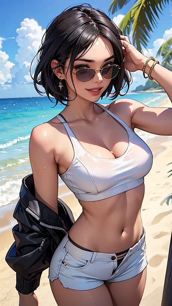 ((Ultra detailed:1.5, Best Quality:1.5, photorealistic:1.5, 8K, Masterpiece: 1.3)), looking at viewers , Sharp Focus: 1.2, A Beautiful Woman with Perfect Figure: 1.4, Slim Abs: 1.2, sweaty Body: 1.1, Highly Detailed Face and Skin Texture, (Detailed Eyes, Double Eyelids), cute Breasts, (facial expressions, happy:1.3 smile:1.1), , girl, wearing a lot of jewelry, (beautiful eyeshadow, detailed makeup), (wearing lots of bracelets), ((white top:1.1, tight short pants, thong straps, sunglasses))  (swept cut, middle hair , onyx black hair ), sexy dancer outfit, sex appeal, standing ,(perfect anatomy),sun kissed beach , sunglasses, celebrity