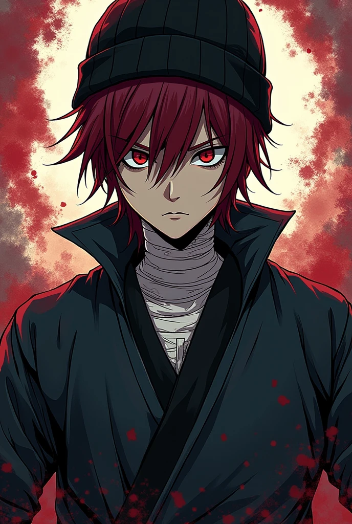 Man with a black beanie hat on his head,maroon hair,empty eyes of a killer, serious face,jujutsu kaisen school clothes and bandages all over the body with comic style art full body image